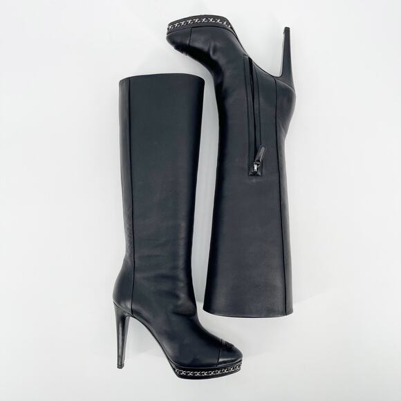 Chanel Black Lambskin CC Cap Toe Chain Detail Knee High Heel Boot size EU 37 - Picture 3 of 16